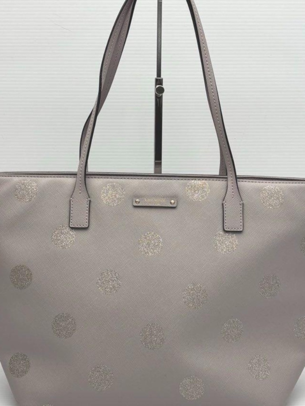 Kate Spade Gray Silver Polka Dot Small Harmony Zip Top Tote Bag Purse